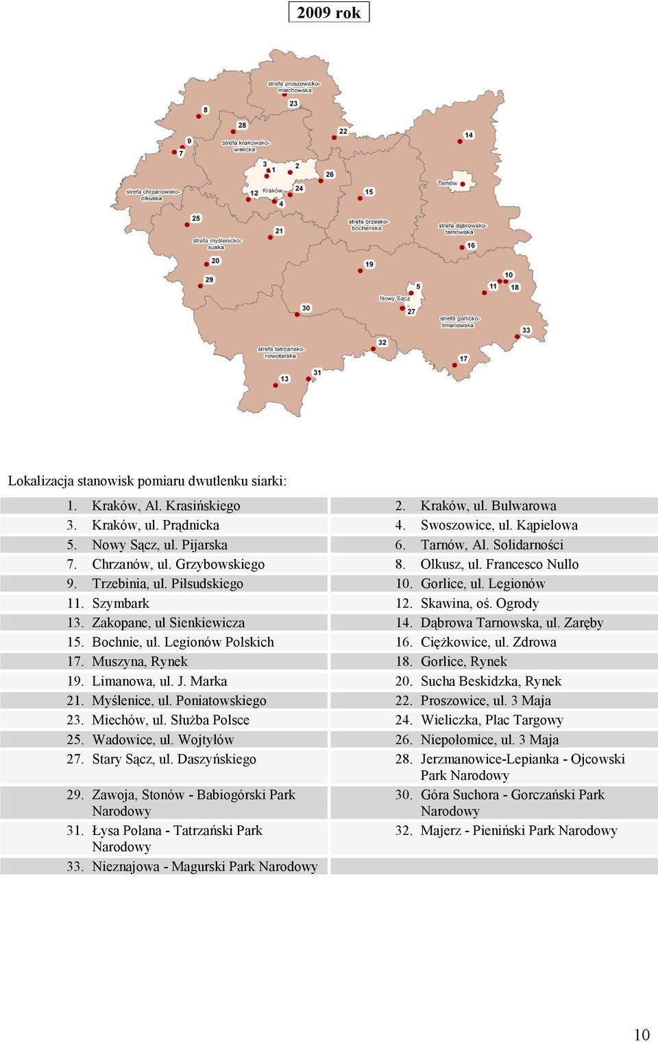 Zakopane, ul Sienkiewicza 14. Dąbrowa Tarnowska, ul. Zaręby 15. Bochnie, ul. Legionów Polskich 16. Ciężkowice, ul. Zdrowa 17. Muszyna, Rynek 18. Gorlice, Rynek 19. Limanowa, ul. J. Marka 20.