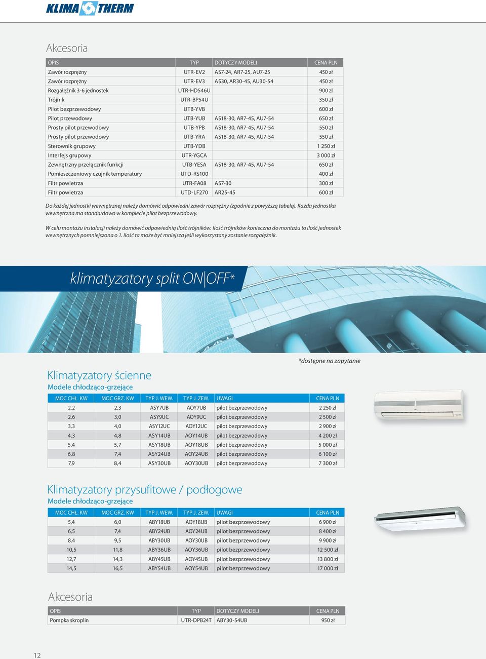 Sterownik grupowy UTB-YDB 1 250 zł Interfejs grupowy UTR-YGCA 3 000 zł Zewnętrzny przełącznik funkcji UTB-YESA AS18-30, AR7-45, AU7-54 650 zł Pomieszczeniowy czujnik temperatury UTD-RS100 400 zł