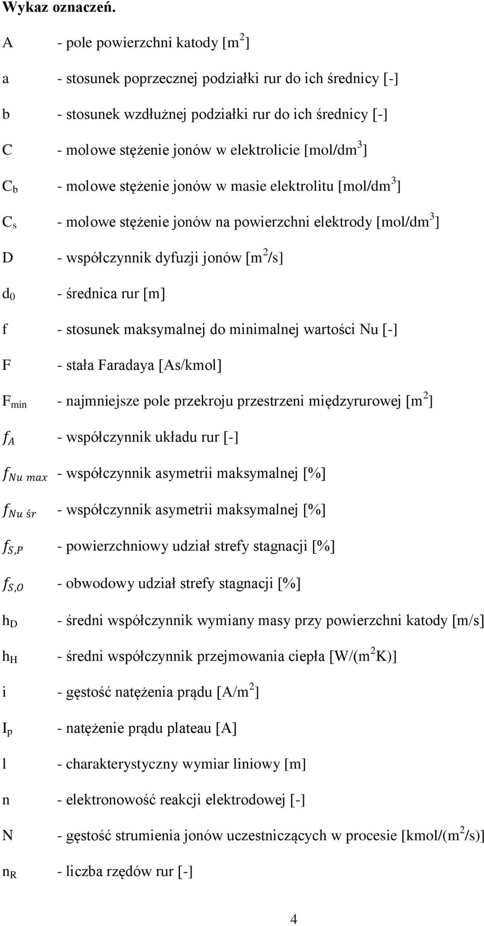 3 ] C b - molowe stężenie jonów w masie elektrolitu [mol/dm 3 ] C s - molowe stężenie jonów na powierzchni elektrody [mol/dm 3 ] D d 0 - współczynnik dyfuzji jonów [m 2 /s] - średnica rur [m] f -
