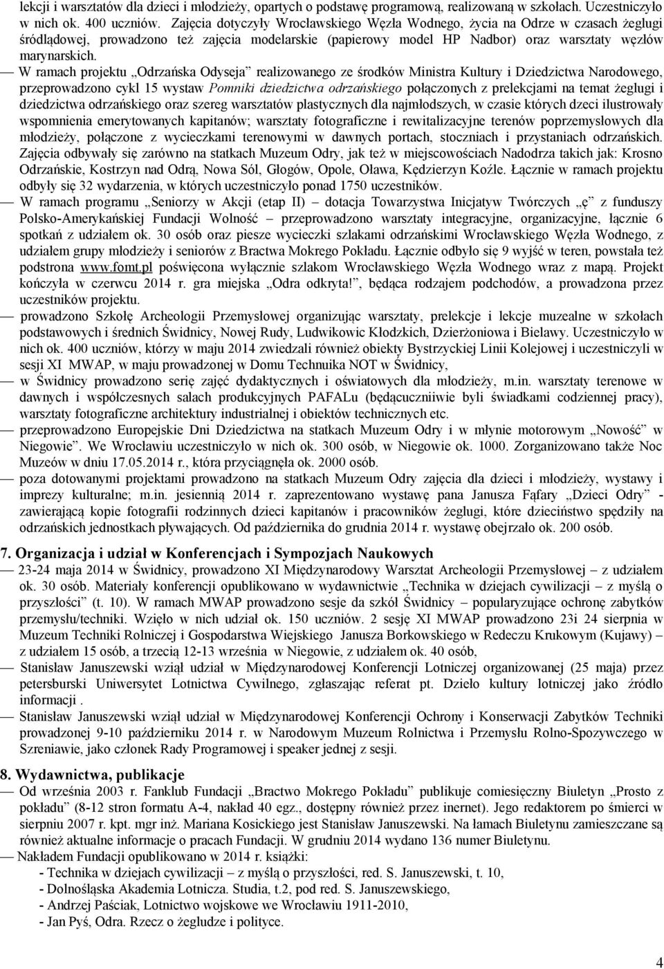 W ramach projektu Odrzańska Odyseja realizowanego ze środków Ministra Kultury i Dziedzictwa Narodowego, przeprowadzono cykl 15 wystaw Pomniki dziedzictwa odrzańskiego połączonych z prelekcjami na