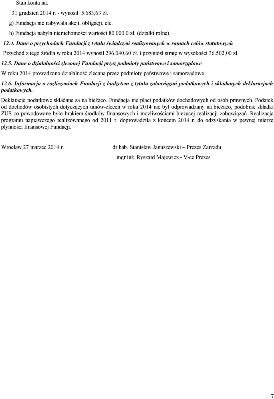 2,00 zł. 12.5. Dane o działalności zleconej Fundacji przez podmioty państwowe i samorządowe W roku 2014 prowadzono działalność zlecaną przez podmioty państwowe i samorządowe. 12.6.