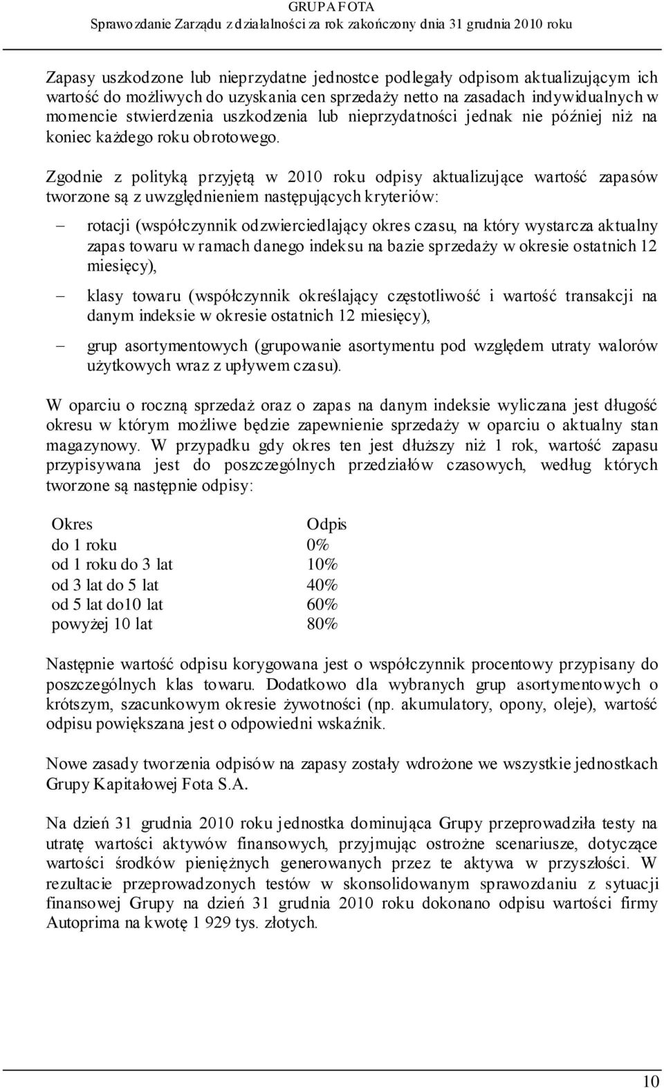 Zgodnie z polityką przyjętą w 2010 roku odpisy aktualizujące wartość zapasów tworzone są z uwzględnieniem następujących kryteriów: rotacji (współczynnik odzwierciedlający okres czasu, na który