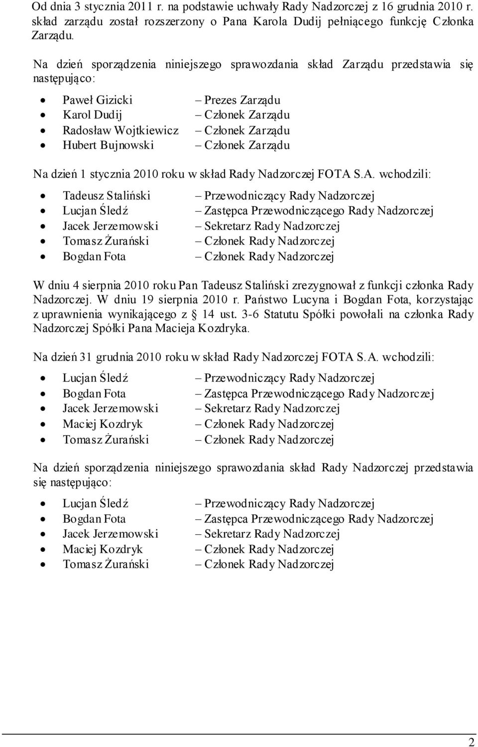Bujnowski Członek Zarządu Na dzień 1 stycznia 2010 roku w skład Rady Nadzorczej FOTA 