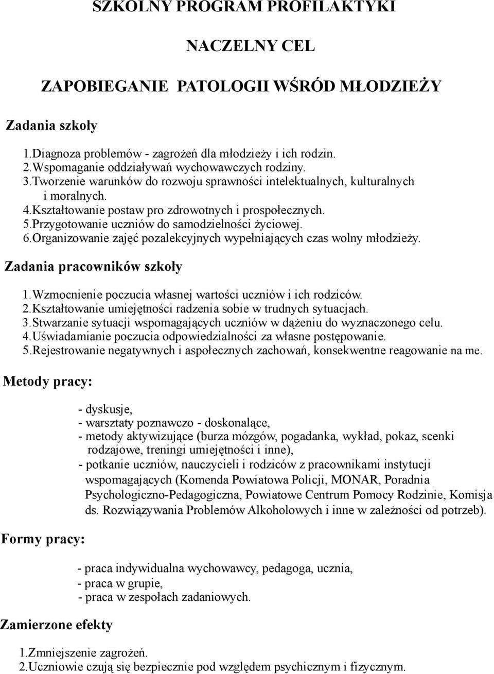 Przygotowanie uczniów do samodzielności życiowej. 6.Organizowanie zajęć pozalekcyjnych wypełniających czas wolny młodzieży. Zadania pracowników szkoły 1.