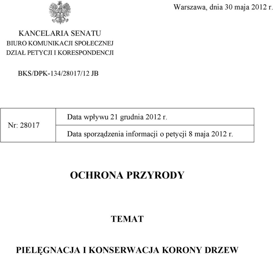 KORESPONDENCJI BKS/DPK-134/28017/12 JB Nr: 28017 Data wpływu 21 grudnia