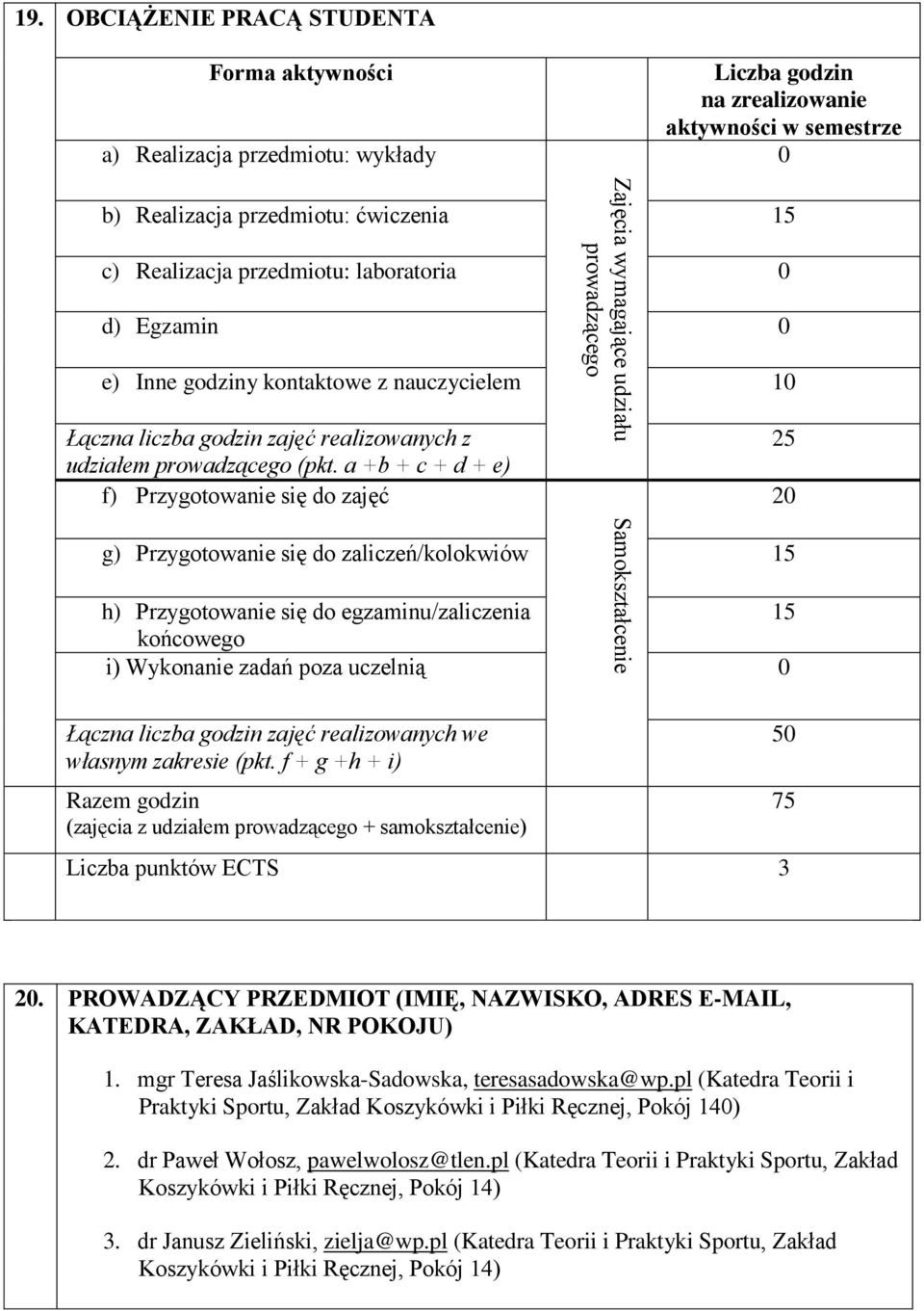 0 d) Egzamin 0 e) Inne godziny kontaktowe z nauczycielem 10 Łączna liczba godzin zajęć realizowanych z udziałem prowadzącego (pkt.