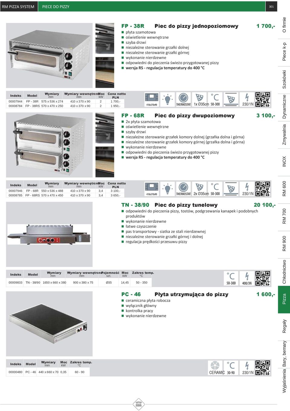 00008784 FP - 38RS 570 x 470 x 250 410 x 370 x 90 2 1 950,- 1x Ø35cm FP - 68R Piec do pizzy dwupoziomowy 2x płyta szamotowa szyby drzwi niezależne sterowanie grzałek komory dolnej (grzałka dolna i