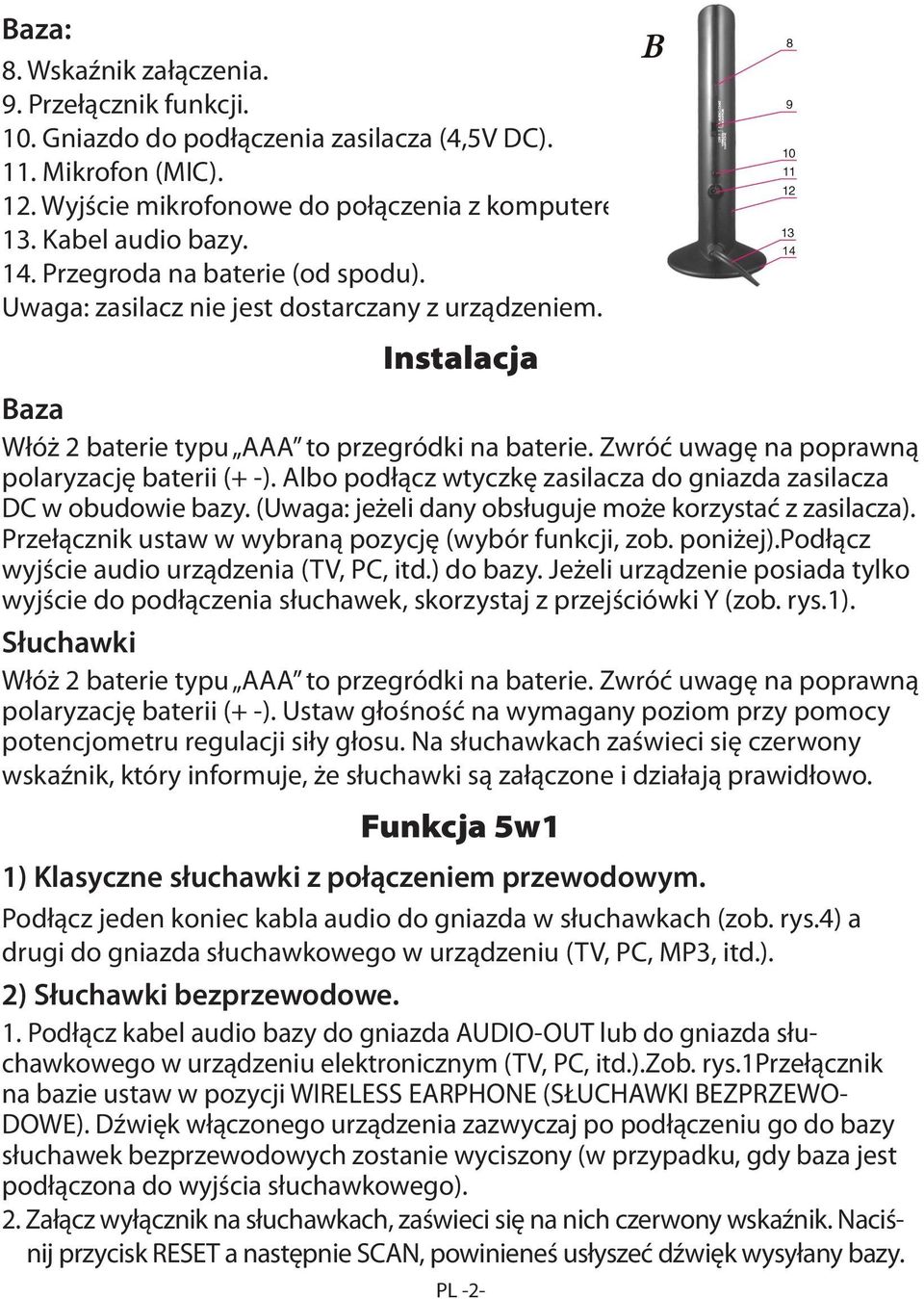 Zwróć uwagę na poprawną polaryzację baterii (+ -). Albo podłącz wtyczkę zasilacza do gniazda zasilacza DC w obudowie bazy. (Uwaga: jeżeli dany obsługuje może korzystać z zasilacza).