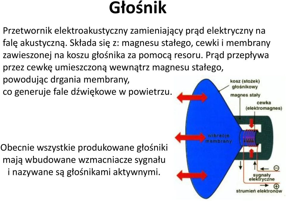 Prąd przepływa przez cewkę umieszczoną wewnątrz magnesu stałego, powodując drgania membrany, co generuje