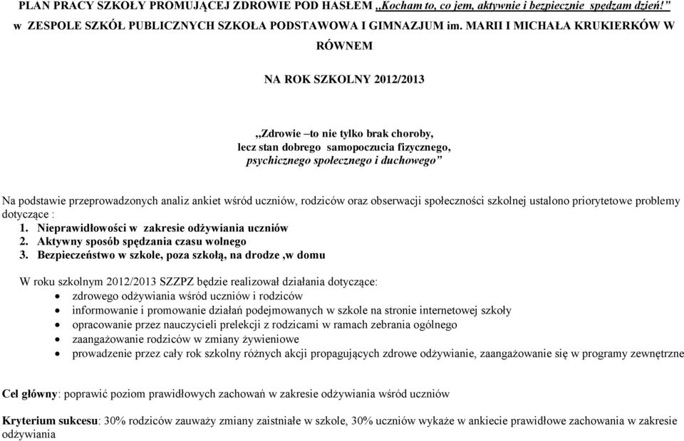 przeprowadzonych analiz ankiet wśród uczniów, rodziców oraz obserwacji społeczności szkolnej ustalono priorytetowe problemy dotyczące : 1. Nieprawidłowości w zakresie odżywiania uczniów 2.