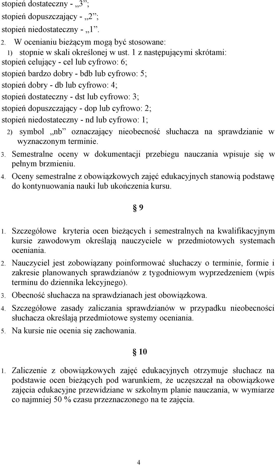 dopuszczający - dop lub cyfrowo: 2; stopień niedostateczny - nd lub cyfrowo: 1; 2) symbol nb oznaczający nieobecność słuchacza na sprawdzianie w wyznaczonym terminie. 3.