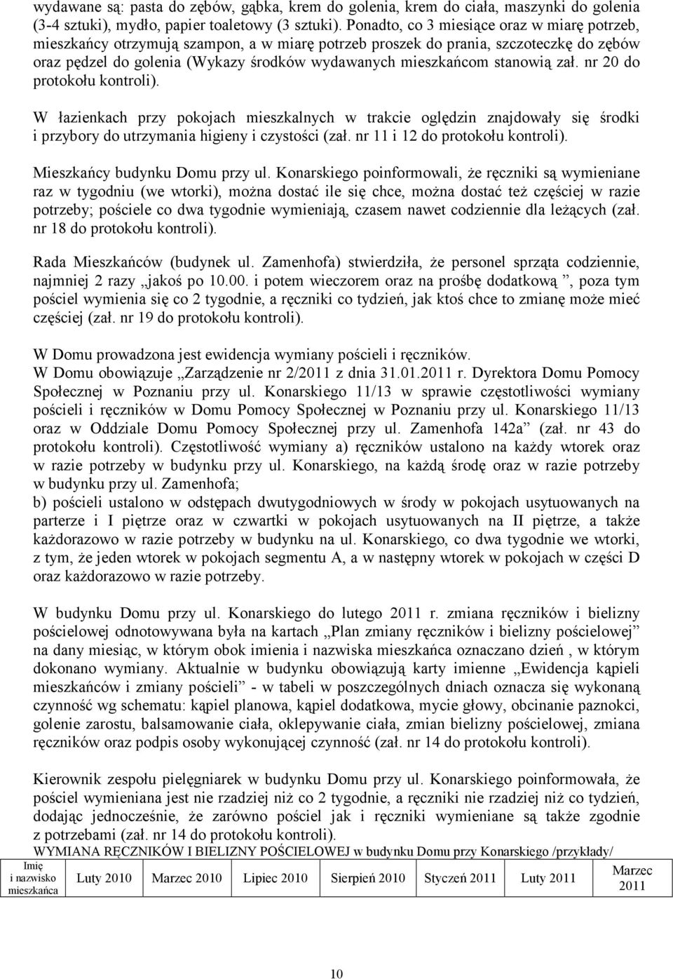 stanowią zał. nr 20 do protokołu kontroli). W łazienkach przy pokojach mieszkalnych w trakcie oględzin znajdowały się środki i przybory do utrzymania higieny i czystości (zał.