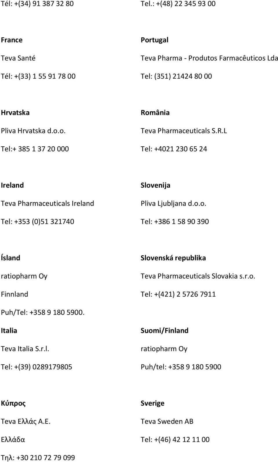 R.L Tel: +4021 230 65 24 Ireland Teva Pharmaceuticals Ireland Tel: +353 (0)51 321740 Slov