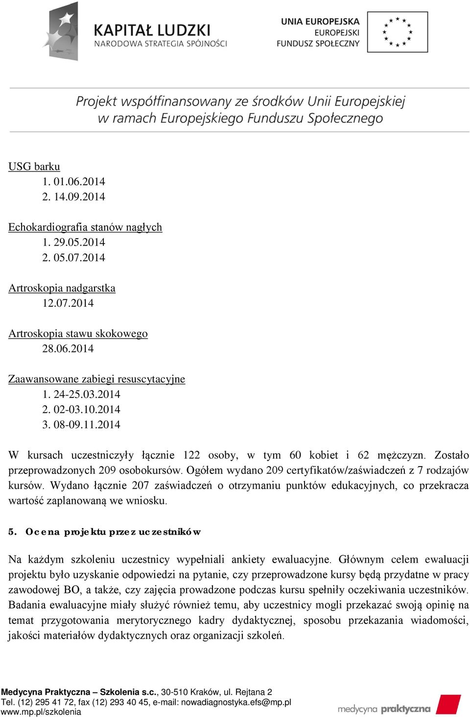 Ogółem wydano 209 certyfikatów/zaświadczeń z 7 rodzajów kursów. Wydano łącznie 207 zaświadczeń o otrzymaniu punktów edukacyjnych, co przekracza wartość zaplanowaną we wniosku. 5.