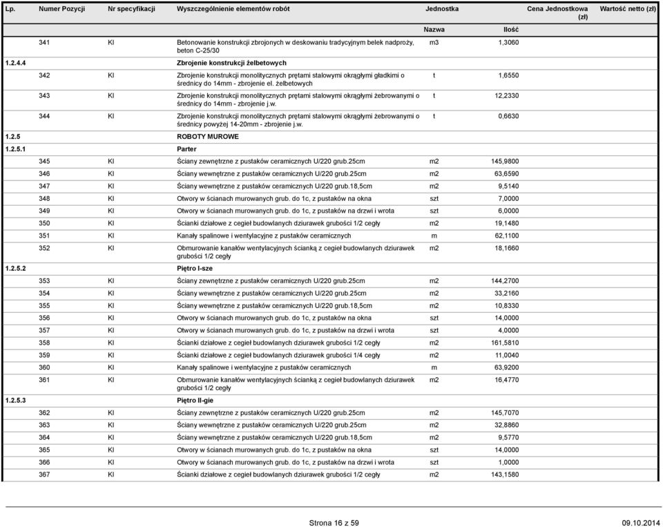 w. 1.2.5 ROBOTY MUROWE 1.2.5.1 Parter m3 1,3060 t 1,6550 t 12,2330 t 0,6630 345 KI Ściany zewnętrzne z pustaków ceramicznych U/220 grub.