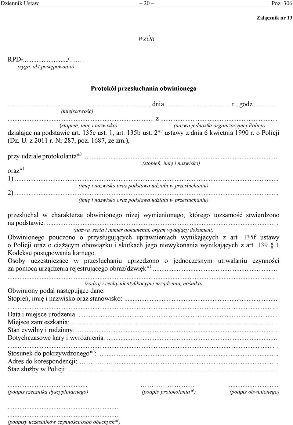 Nr 287, poz. 1687, ze zm.), przy udziale protokolanta* )... (stopień, imię i nazwisko) oraz* ) 1)... (imię i nazwisko oraz podstawa udziału w przesłuchaniu) 2).