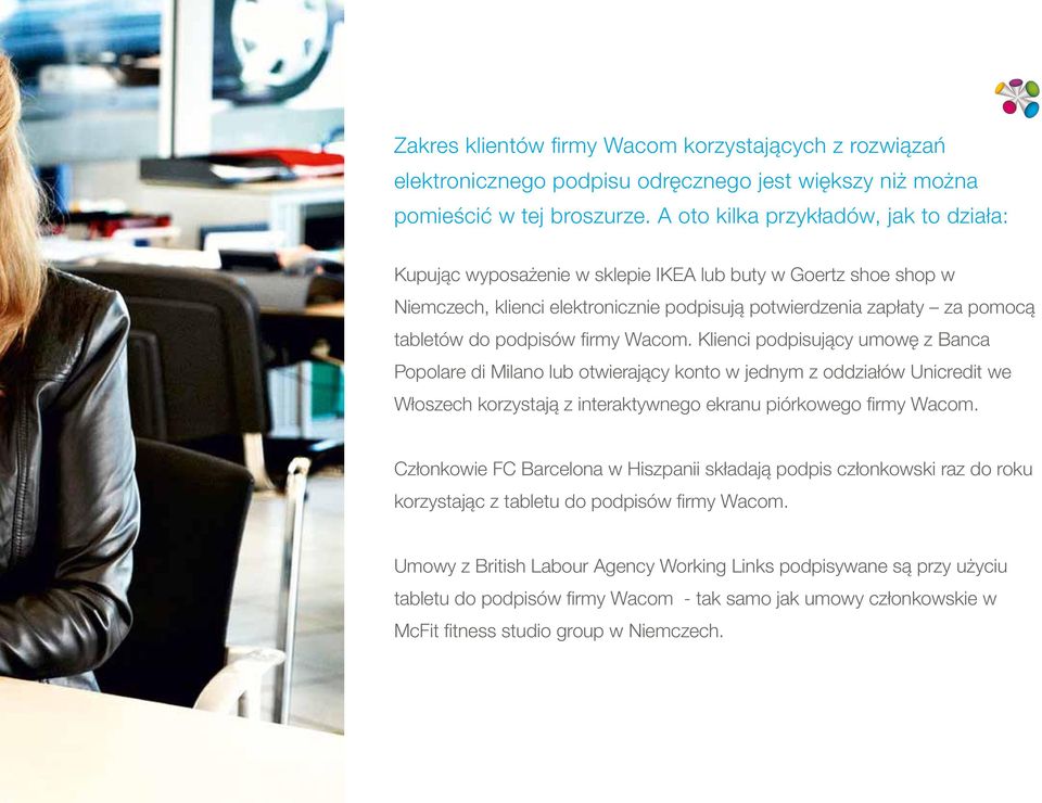 podpisów firmy Wacom. Klienci podpisujący umowę z Banca Popolare di Milano lub otwierający konto w jednym z oddziałów Unicredit we Włoszech korzystają z interaktywnego ekranu piórkowego firmy Wacom.