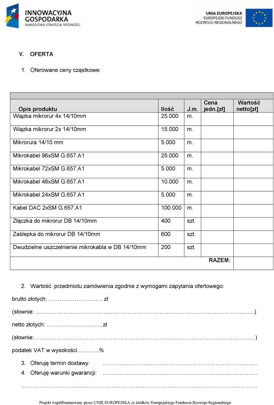 Zaślepka do mikrorur DB 14/10mm 600 szt. Dwudzielne uszczelnienie mikrokabla w DB 14/10mm 200 szt. Cena jedn.[zł] RAZEM: Wartość netto[zł] 2.