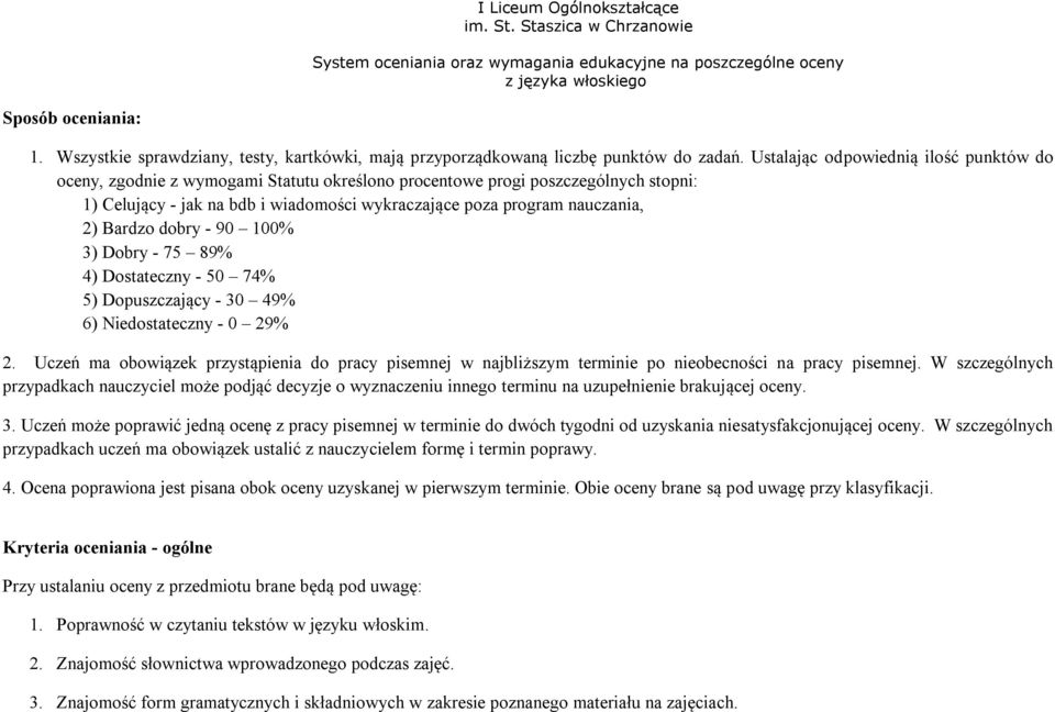 dobry - 90 100% 3) Dobry - 75 89% 4) Dostateczny - 50 74% 5) Dopuszczający - 30 49% 6) Niedostateczny - 0 29% 2.