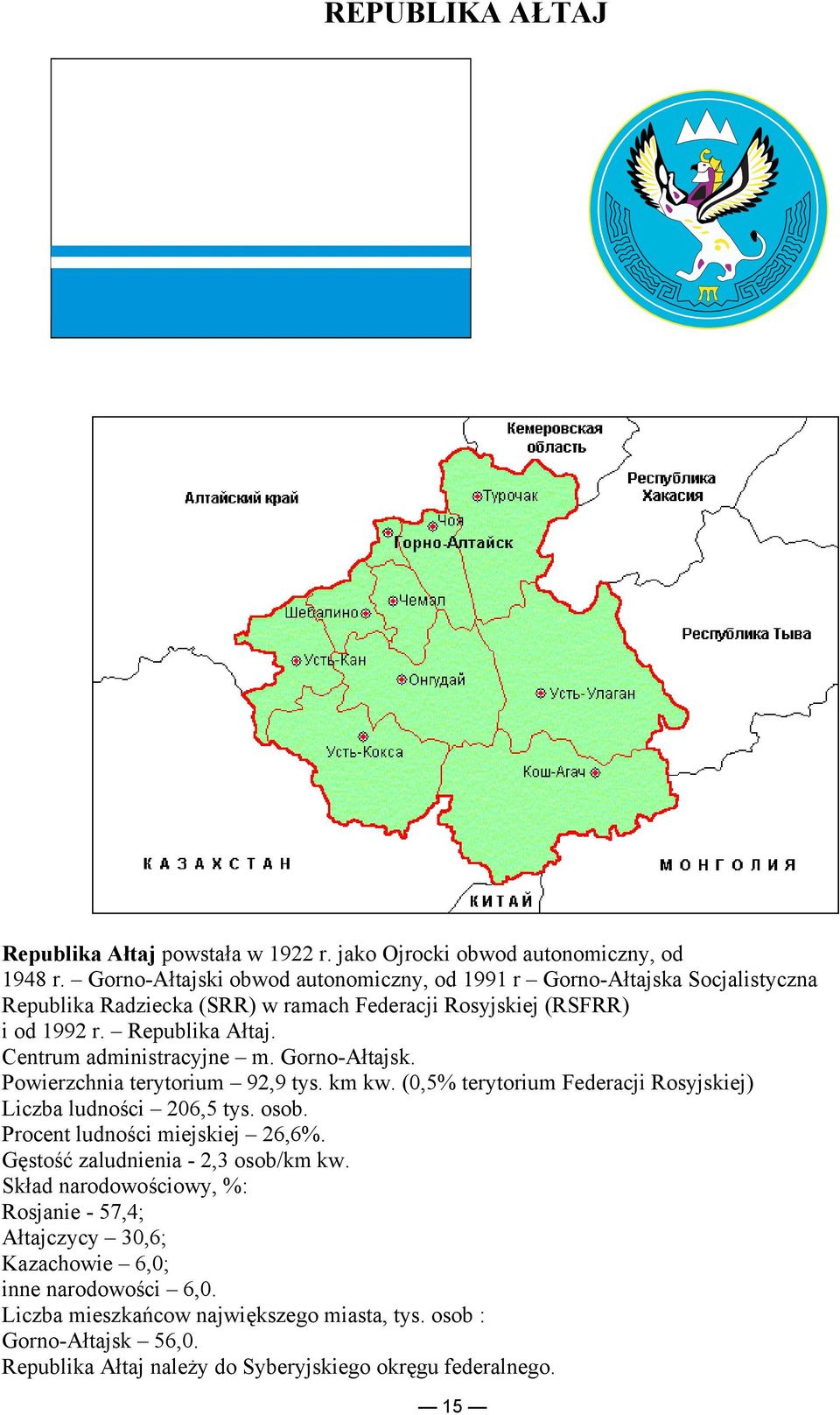 Centrum administracyjne m. Gorno-Ałtajsk. Powierzchnia terytorium 92,9 tys. km kw. (0,5% terytorium Federacji Rosyjskiej) Liczba ludności 206,5 tys. osob.