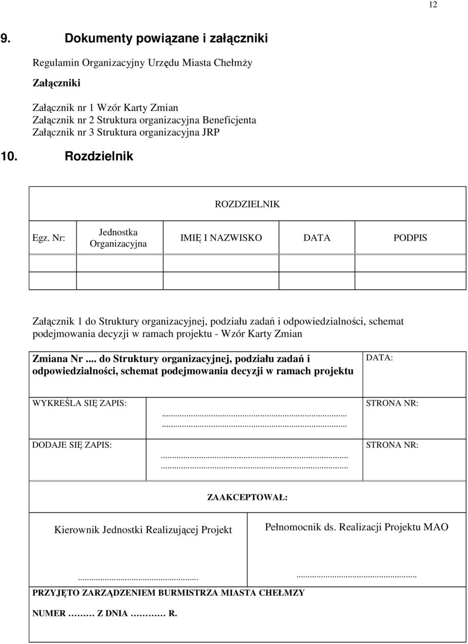 Nr: Jednostka Organizacyjna IMIĘ I NAZWISKO DATA PODPIS Załącznik 1 do Struktury organizacyjnej, podziału zadań i odpowiedzialności, schemat podejmowania decyzji w ramach projektu - Wzór Karty Zmian