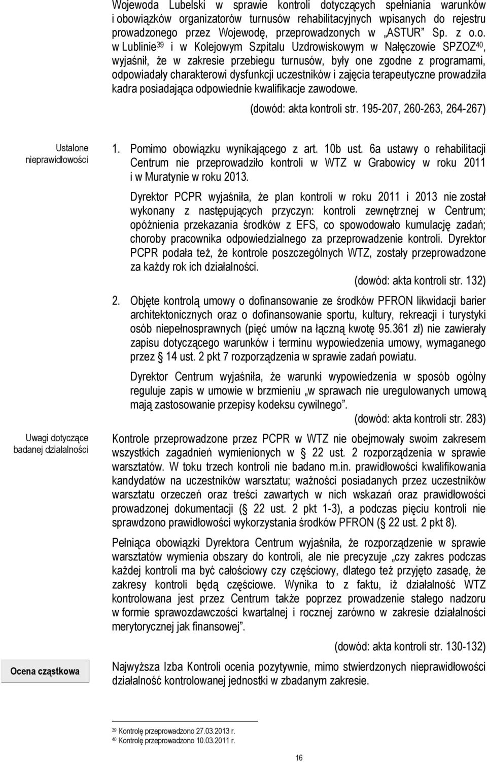 o. w Lublinie 39 i w Kolejowym Szpitalu Uzdrowiskowym w Nałęczowie SPZOZ 40, wyjaśnił, że w zakresie przebiegu turnusów, były one zgodne z programami, odpowiadały charakterowi dysfunkcji uczestników