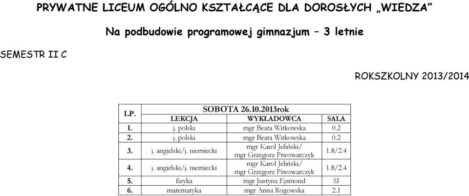 niemiecki mgr Karol Jeliński/ mgr Grzegorz Piwowarczyk 1.8/2.4 4. j. angielski/j.