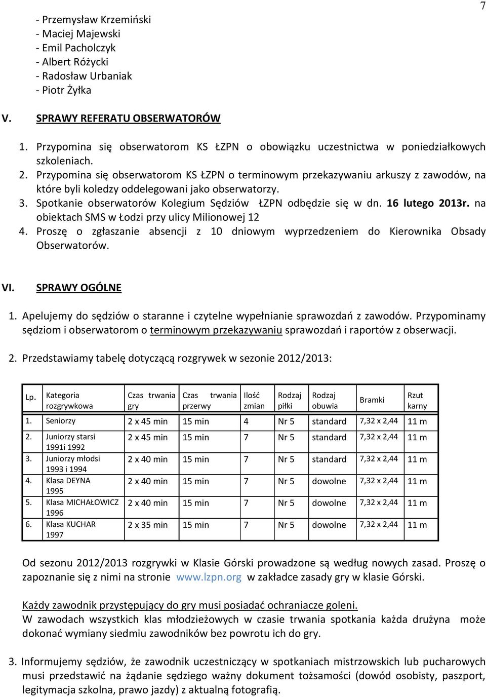 Przypomina się obserwatorom KS ŁZPN o terminowym przekazywaniu arkuszy z zawodów, na które byli koledzy oddelegowani jako obserwatorzy. 3.
