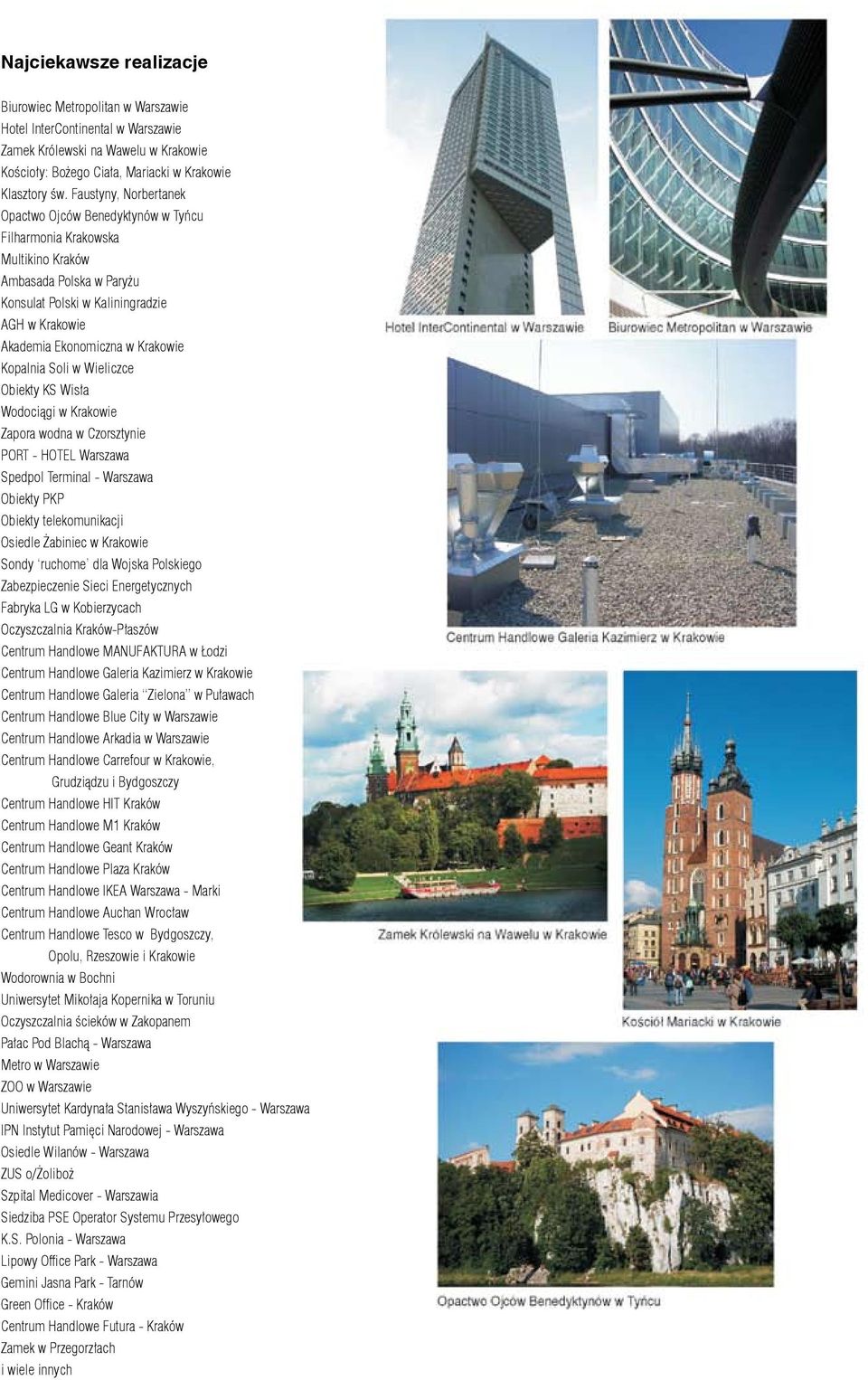 Krakowie Kopalnia Soli w Wieliczce Obiekty KS Wisła Wodociągi w Krakowie Zapora wodna w Czorsztynie PORT HOTEL Warszawa Spedpol Terminal Warszawa Obiekty PKP Obiekty telekomunikacji Osiedle Żabiniec
