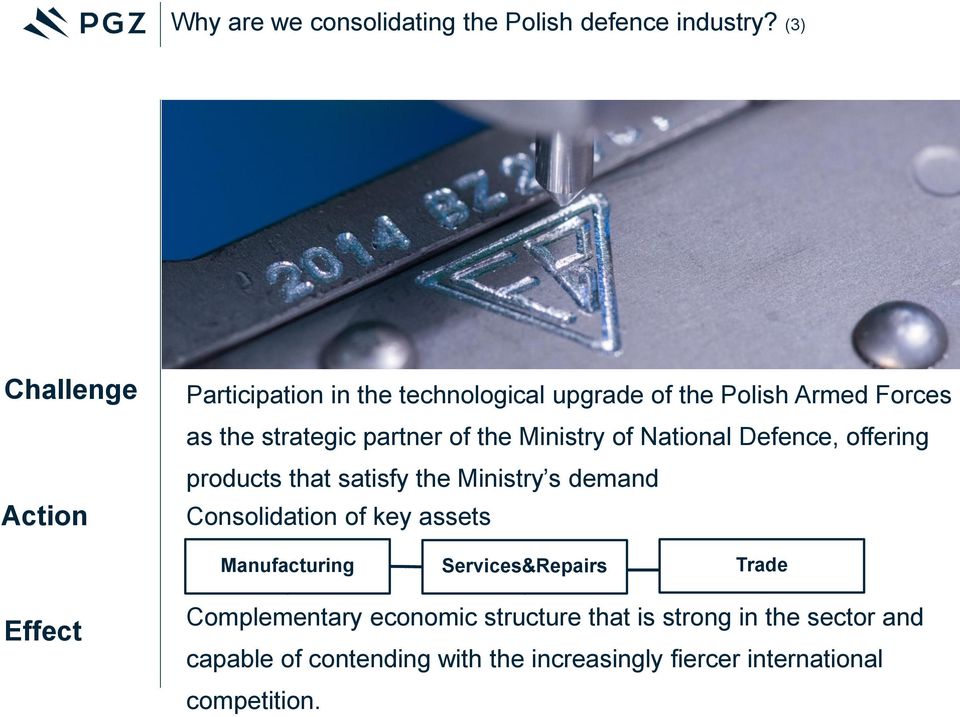 the Ministry of National Defence, offering products that satisfy the Ministry s demand Consolidation of key assets