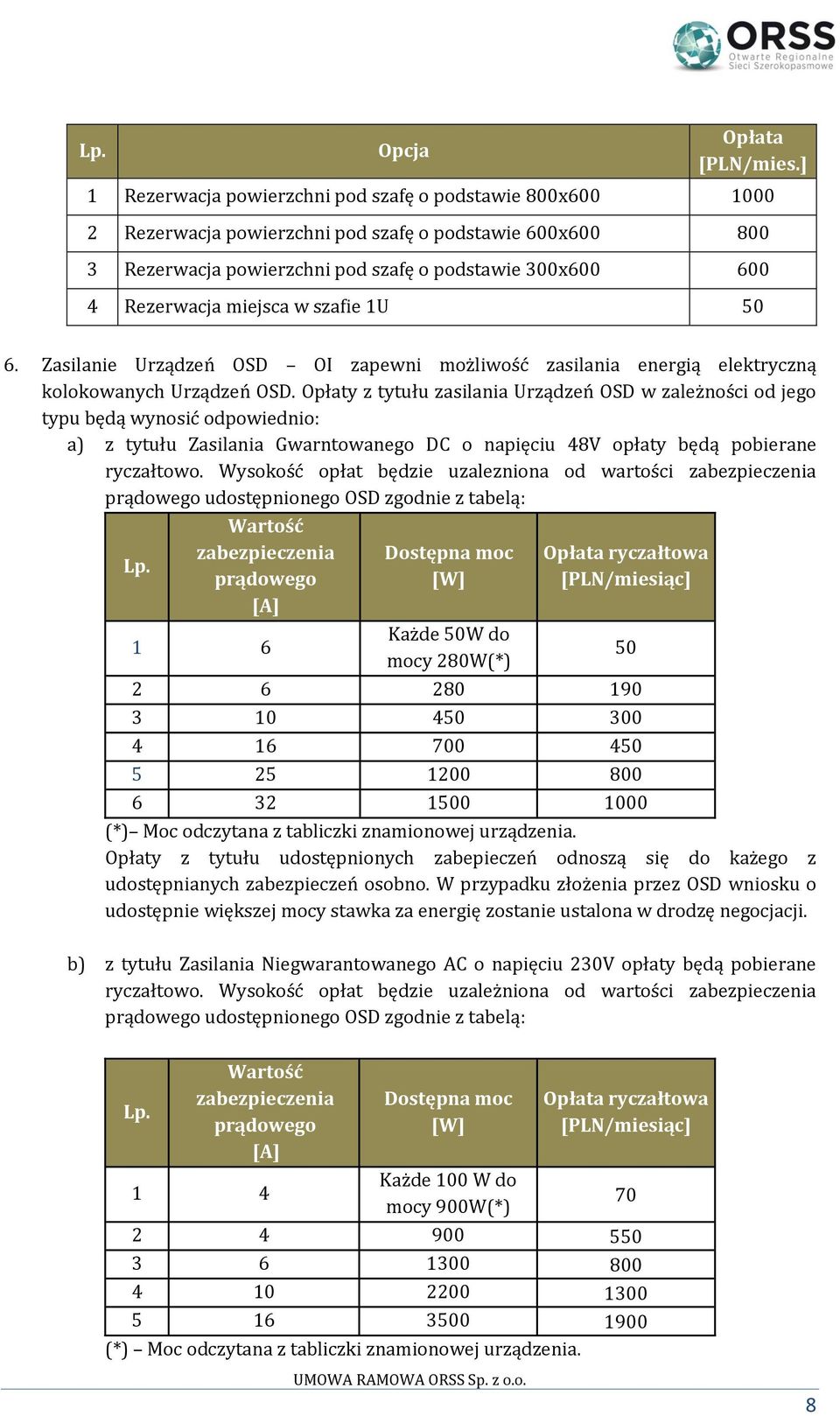 Opłaty z tytułu zasilania Urządzeń OSD w zależności od jego typu będą wynosić odpowiednio: a) z tytułu Zasilania Gwarntowanego DC o napięciu 48V opłaty będą pobierane ryczałtowo.