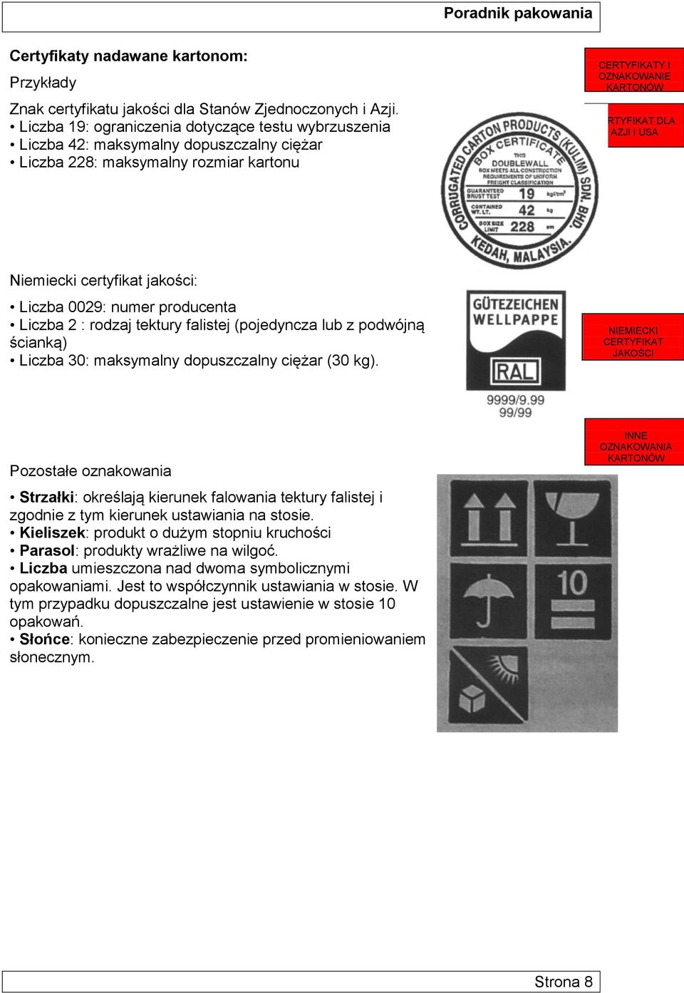 Niemiecki certyfikat jakości: Liczba 0029: numer producenta Liczba 2 : rodzaj tektury falistej (pojedyncza lub z podwójną ścianką) Liczba 30: maksymalny dopuszczalny ciężar (30 kg).