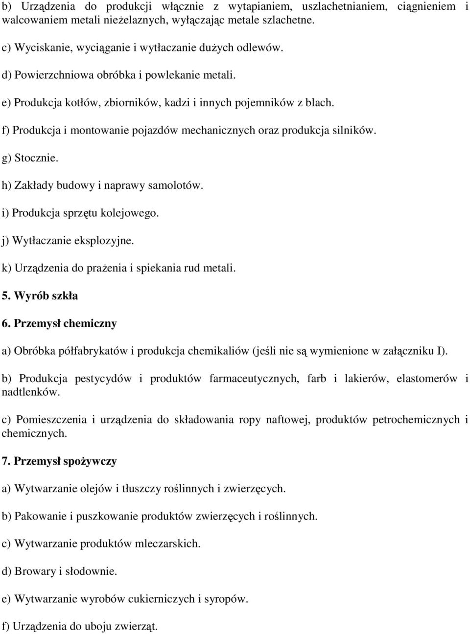 f) Produkcja i montowanie pojazdów mechanicznych oraz produkcja silników. g) Stocznie. h) Zakłady budowy i naprawy samolotów. i) Produkcja sprzętu kolejowego. j) Wytłaczanie eksplozyjne.