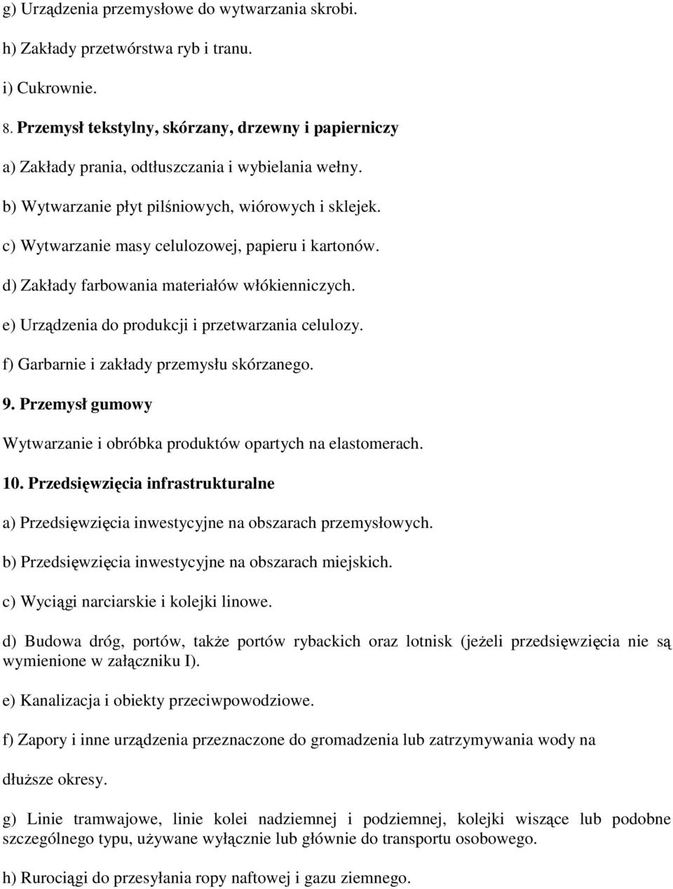 c) Wytwarzanie masy celulozowej, papieru i kartonów. d) Zakłady farbowania materiałów włókienniczych. e) Urządzenia do produkcji i przetwarzania celulozy. f) Garbarnie i zakłady przemysłu skórzanego.