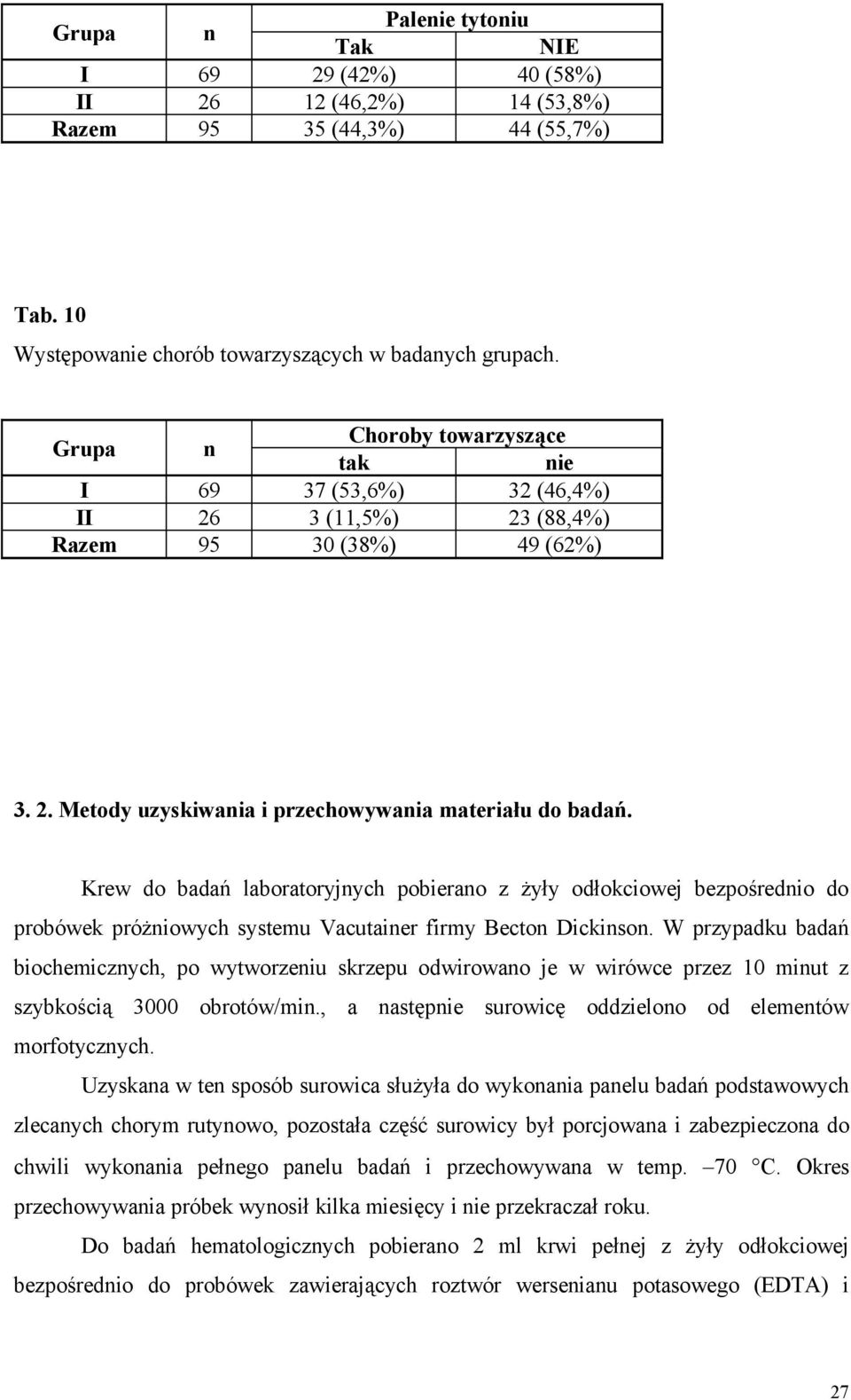 Krew do badań laboratoryjnych pobierano z żyły odłokciowej bezpośrednio do probówek próżniowych systemu Vacutainer firmy Becton Dickinson.