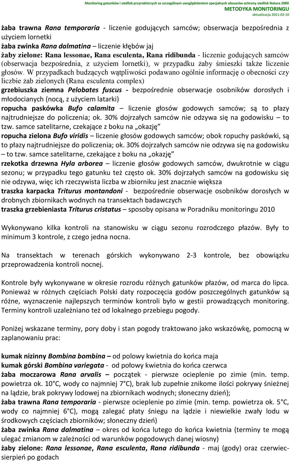 W przypadkach budzących wątpliwości podawano ogólnie informację o obecności czy liczbie żab zielonych (Rana esculenta complex) grzebiuszka ziemna Pelobates fuscus - bezpośrednie obserwacje osobników