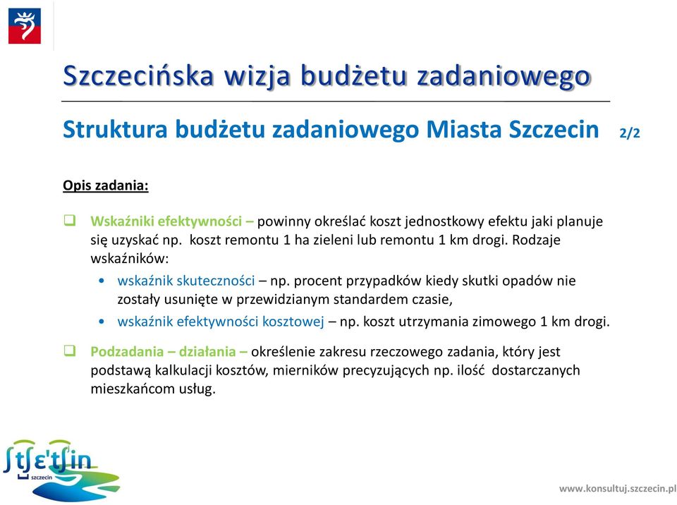 procent przypadków kiedy skutki opadów nie zostały usunięte w przewidzianym standardem czasie, wskaźnik efektywności kosztowej np.