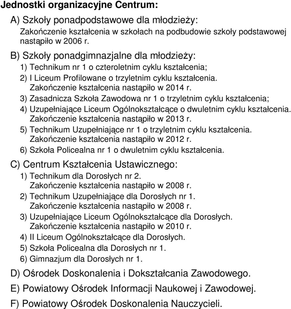3) Zasadnicza Szkoła Zawodowa nr 1 o trzyletnim cyklu kształcenia; 4) Uzupełniające Liceum Ogólnokształcące o dwuletnim cyklu kształcenia. Zakończenie kształcenia nastąpiło w 2013 r.