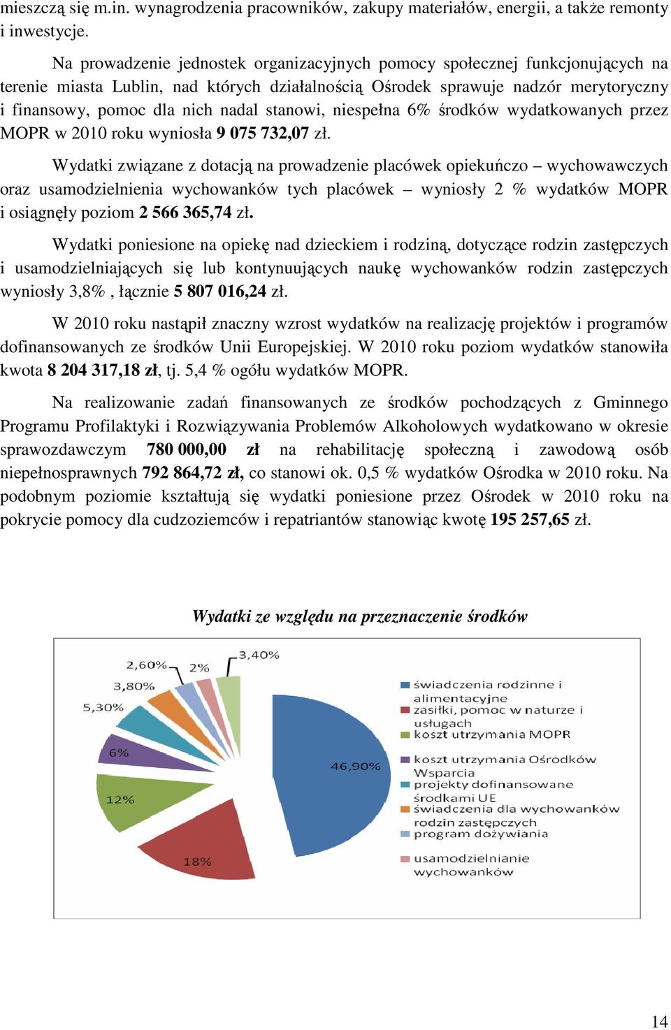 stanowi, niespełna 6% środków wydatkowanych przez MOPR w 2010 roku wyniosła 9 075 732,07 zł.
