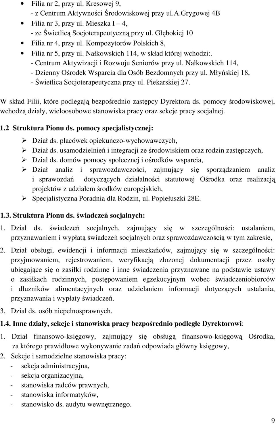 Nałkowskich 114, - Dzienny Ośrodek Wsparcia dla Osób Bezdomnych przy ul. Młyńskiej 18, - Świetlica Socjoterapeutyczna przy ul. Piekarskiej 27.