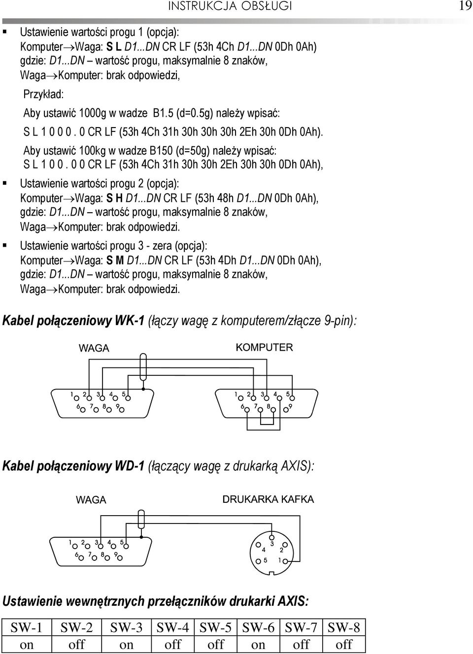 CR LF (53h 4Ch 31h 3h 3h 3h 2Eh 3h Dh Ah). Aby ustawić 1 w wadze B15 (d=5g) należy wpisać: S L 1. CR LF (53h 4Ch 31h 3h 3h 2Eh 3h 3h Dh Ah), Ustawienie wartości progu 2 (opcja): Komputer Waga: S H D1.