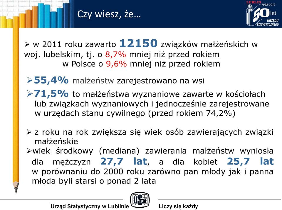 kościołach lub związkach wyznaniowych i jednocześnie zarejestrowane w urzędach stanu cywilnego (przed rokiem 74,2%) z roku na rok zwiększa się wiek