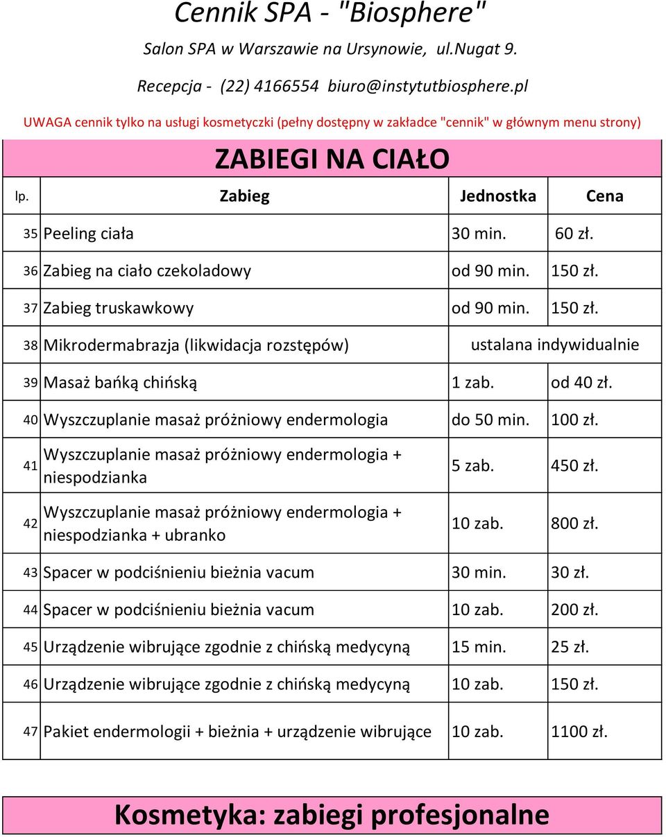 150 zł. 37 Zabieg truskawkowy od 90 min. 150 zł. 38 Mikrodermabrazja (likwidacja rozstępów) ustalana indywidualnie 39 Masaż bańką chińską 1 zab. od 40 zł.