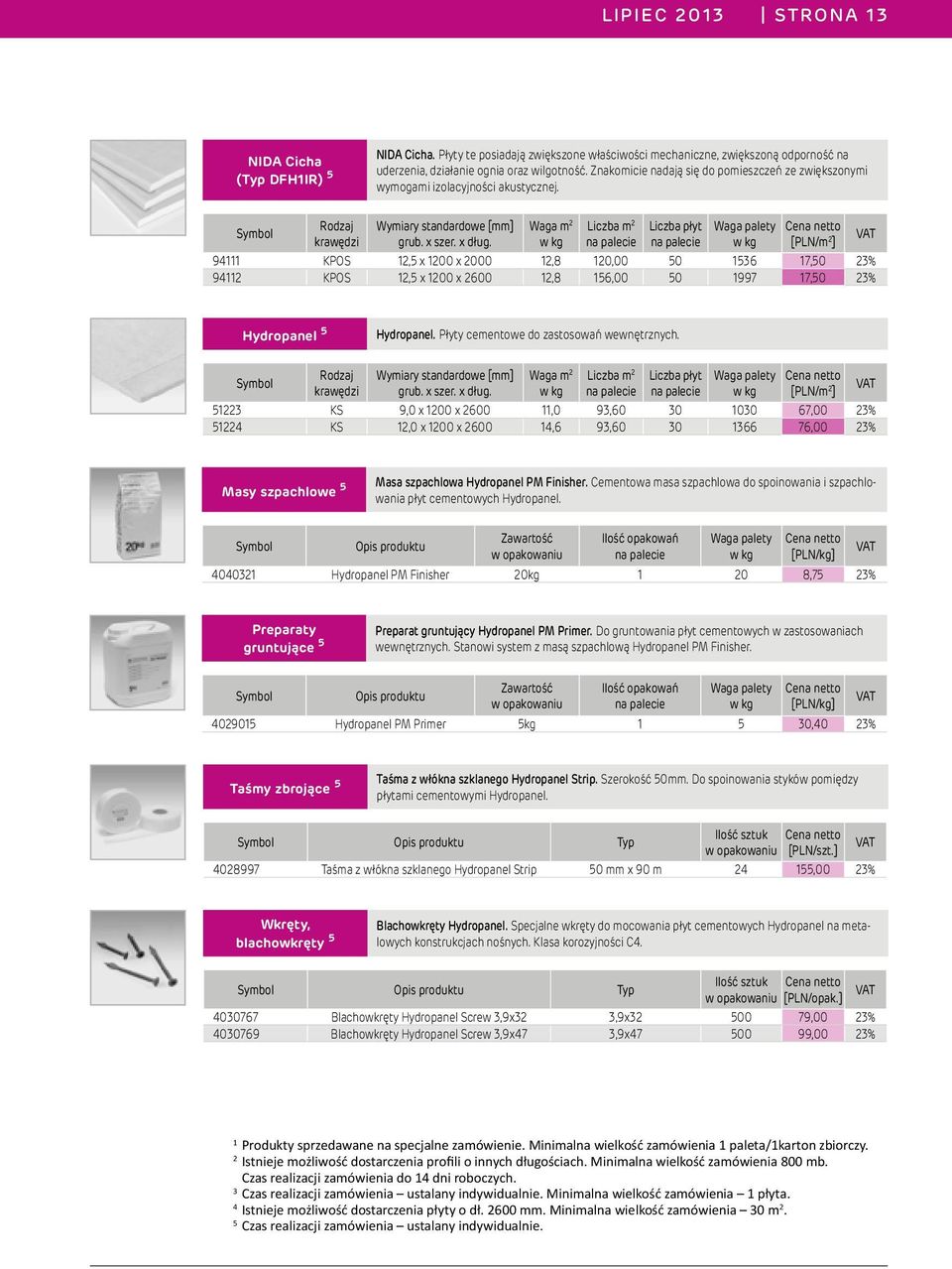 Waga m 2 Liczba m 2 94111 KPOS 12,5 x 1200 x 2000 12,8 120,00 50 1536 17,50 23% 94112 KPOS 12,5 x 1200 x 2600 12,8 156,00 50 1997 17,50 23% Hydropanel 5 Hydropanel.