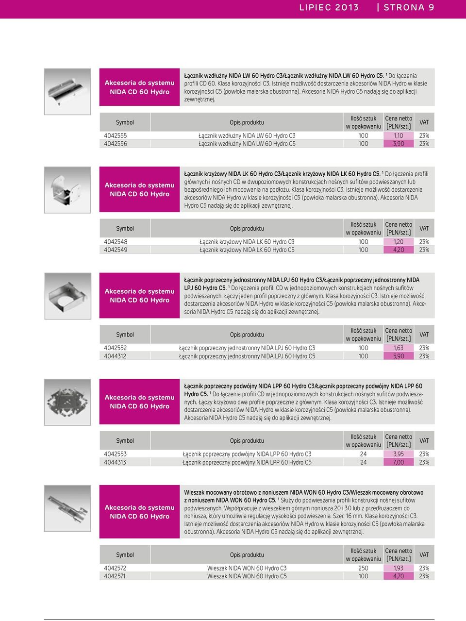 Ilość sztuk 4042555 Łącznik wzdłużny NIDA LW 60 Hydro C3 100 1,10 23% 4042556 Łącznik wzdłużny NIDA LW 60 Hydro C5 100 3,90 23% NIDA CD 60 Hydro Łącznik krzyżowy NIDA LK 60 Hydro C3/Łącznik krzyżowy