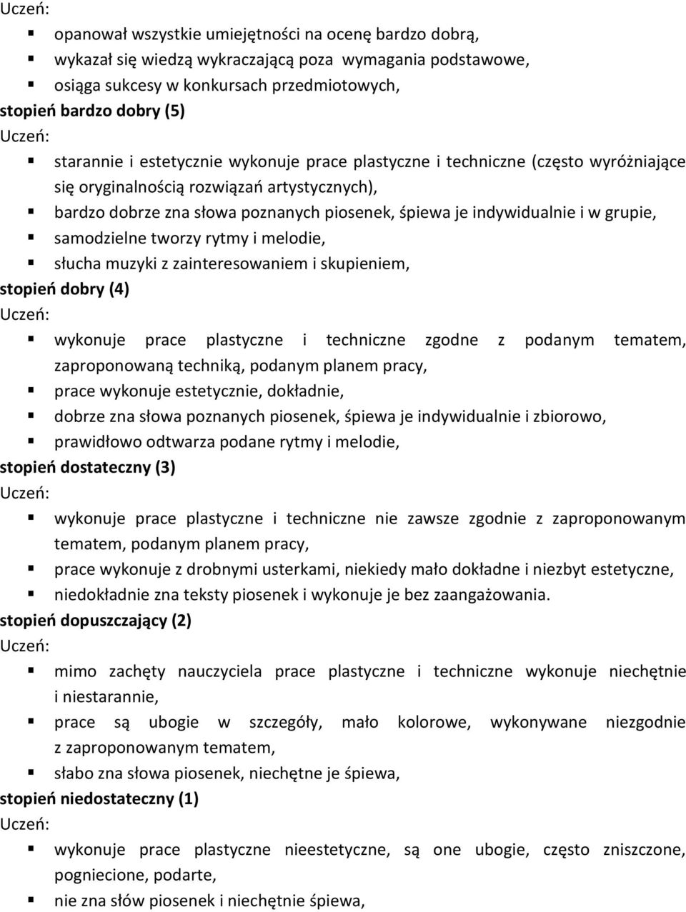 melodie, słucha muzyki z zainteresowaniem i skupieniem, wykonuje prace plastyczne i techniczne zgodne z podanym tematem, zaproponowaną techniką, podanym planem pracy, prace wykonuje estetycznie,