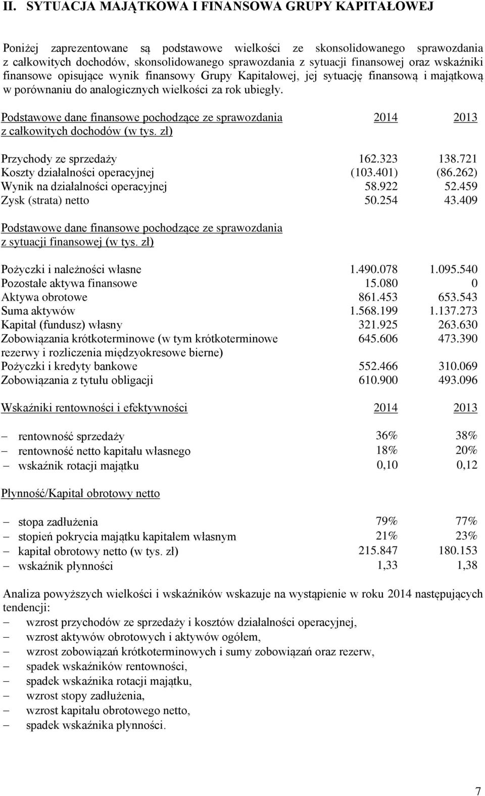 Podstawowe dane finansowe pochodzące ze sprawozdania z całkowitych dochodów (w tys. zł) 2014 2013 Przychody ze sprzedaży 162.323 138.721 Koszty działalności operacyjnej (103.401) (86.