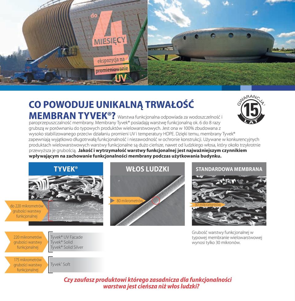 Dzięki temu, membrany Tyvek 15 GWARANCJA1 L A T zapewniają wyjątkowo długotrwałą funkcjonalność i niezawodność w ochronie konstrukcji.