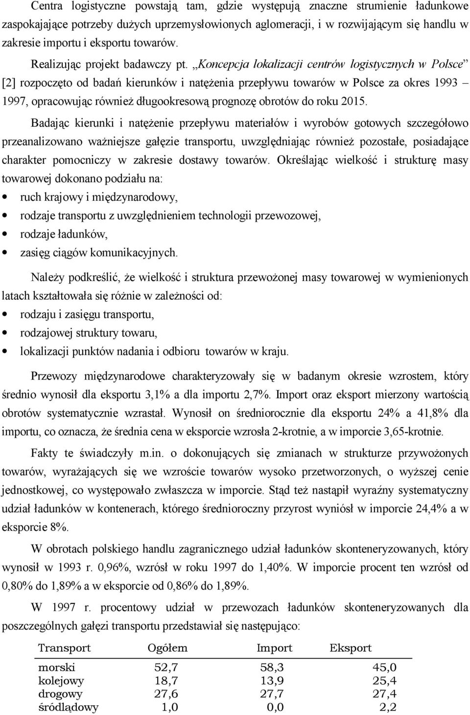 Koncepcja lokalizacji centrów logistycznych w Polsce [2] rozpoczęto od badań kierunków i natężenia przepływu towarów w Polsce za okres 1993 1997, opracowując również długookresową prognozę obrotów do