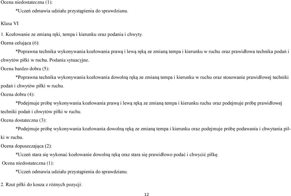 Ocena bardzo dobra (5): *Poprawna technika wykonywania kozłowania dowolną ręką ze zmianą tempa i kierunku w ruchu oraz stosowanie prawidłowej techniki podań i chwytów piłki w ruchu.